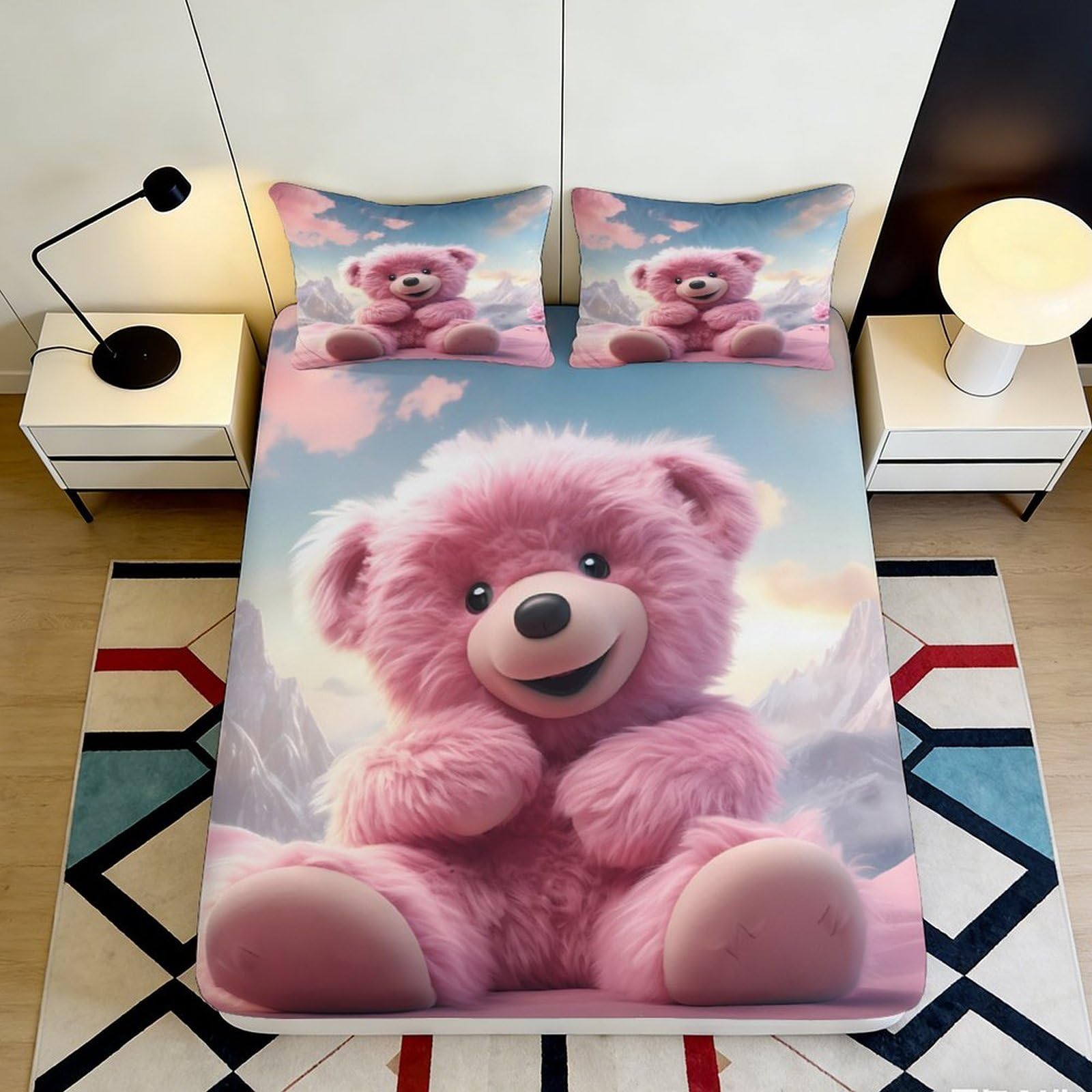 3D Printed Pink Teddy Bear Fitted Sheet Microfiber Soft Bed Sheet Cute Cartoon Mattress Cover for Bedroom Decor 90x200x25cm