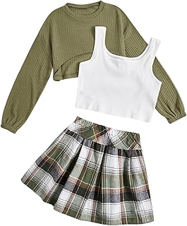 OYOANGLE Conjunto de camiseta sin mangas y falda plisada a cuadros con dobladillo alto y bajo para niña