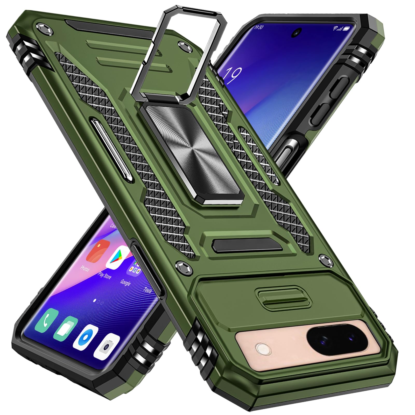 Mnunjiajia 対応 Google Pixel 9A ケース リング付き スライド式カメラカバー 衝撃吸収 ピクセル 9a ケース 耐衝撃 一体型落下防止 米国軍事MIL標準取得 スタンド機能 PC+TPU 二重構造 防塵 薄型 軽量 360度回転 全面保護携帯カバー （オリーブグリーン） MJJ-1064-04-08-CP