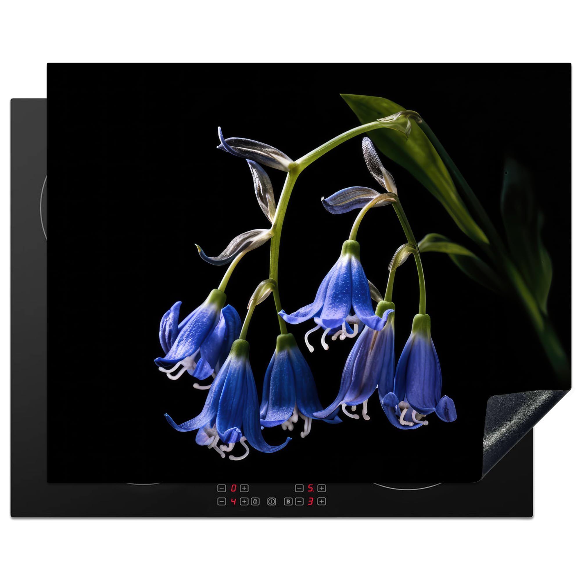 KitchenYeah© Induction Hob Protector Mat 20.5"x25.6" / 65x52 cm Stove Cap Top Cover Kitchen Cooker Covers for Electric Hobs Vinyl Hyacinth - Flowers - Blue - Nature - Black