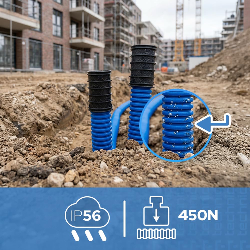 25 Metros - Tubo Corrugado Flexible de Protección Diámetro 50 mm (25 m) | Funda Corrugada de Doble Pared con Sonda Pasacables para Entierro y Conector 450N Azul Diámetro IP56 para Cables-EDO Technic
