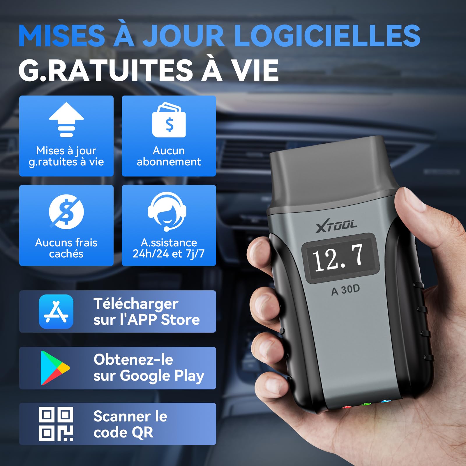 XTOOL A30D OBD2 Valise Diagnostic Auto BT, 2026 Lecteur OBD2 Voiture Français, 19+ Réinitialisations, Test Actif, Diagnostic Tous Systèmes, Can FD, Mises à Jour à Vie, Anglais par Défaut