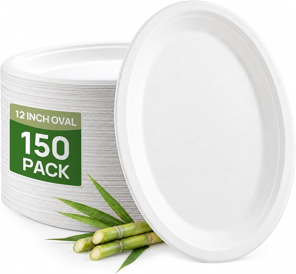 12 Inch White Compostable Oval Paper Plates 150 Pack — 사진 1
