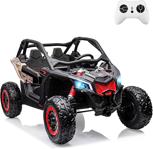 UTV de 2 asientos con control remoto para niños, 2 baterías de 24 V, 4 motores de 200 W con licencia CAN-AM UTV, vehículo eléctrico de 23 pulgadas