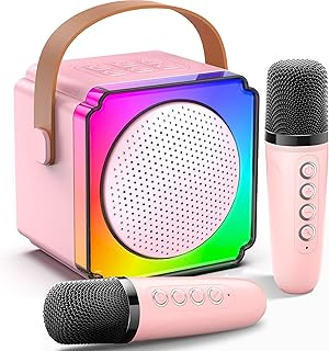 Children's Microphone Karaoke Machine with 2 Wireless Microphones Bluetooth Karaoke Machine with Voice Changing Effects and LED Lights Karaoke for Children Adults Boys Girls (Pink)