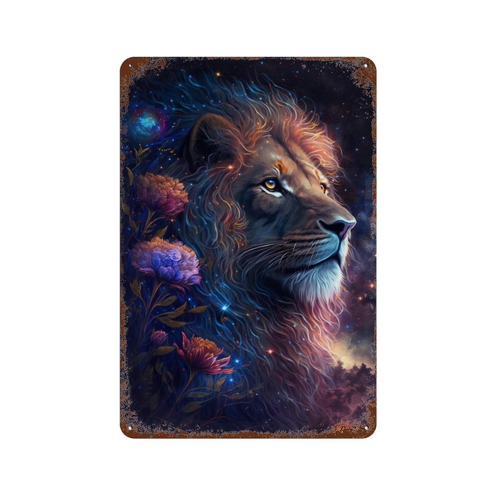 Weathered Tin Sign Magical Lion Fantasy Artwork 11.8"x7.9", Rustic Home Decor for Bistro, Counter And Cafe Decor