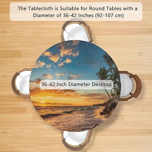 Vista 124 de cfpolar Mantel redondo ajustable de verano, hojas de palma tropical, borde elástico, mantel redondo lavable para uso en interiores y exteriores, se