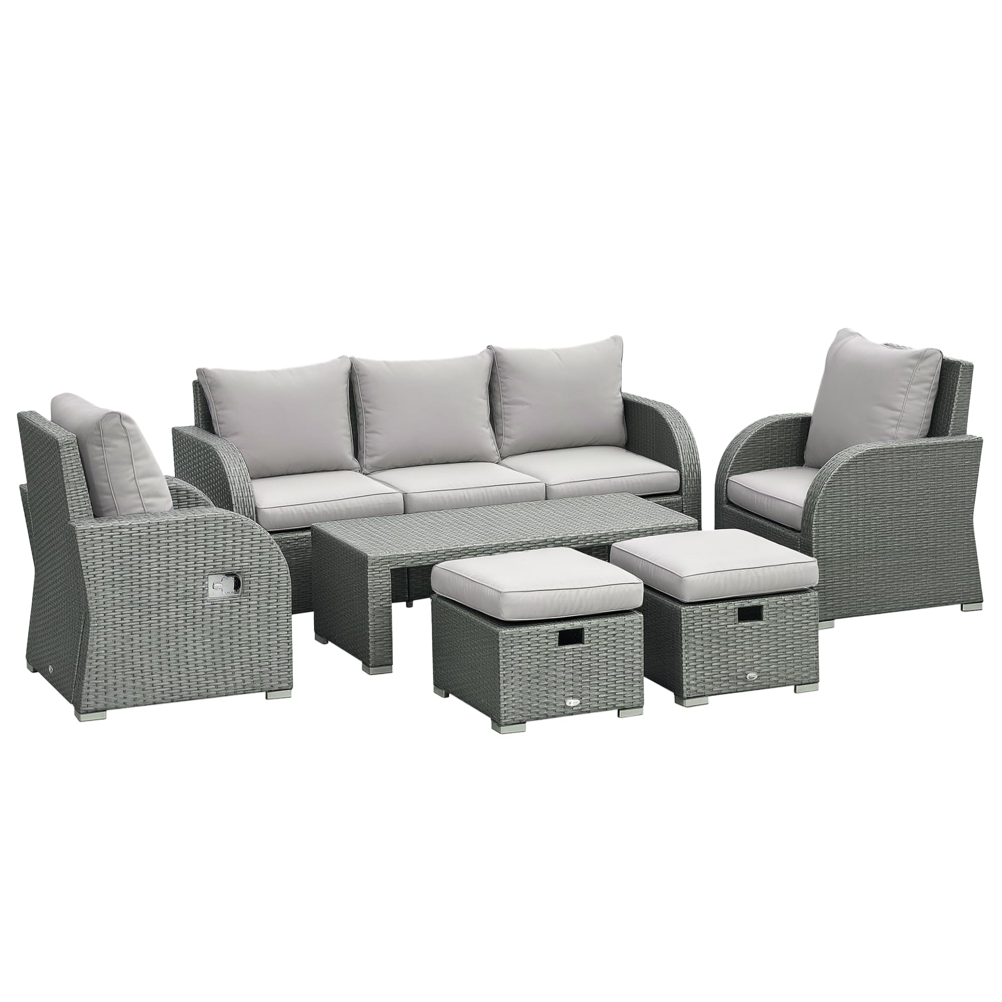 Outsunny 6Pc Padded Outdoor Rattan Wicker 3-Seat Sofa Recliner Footstool Table Grey