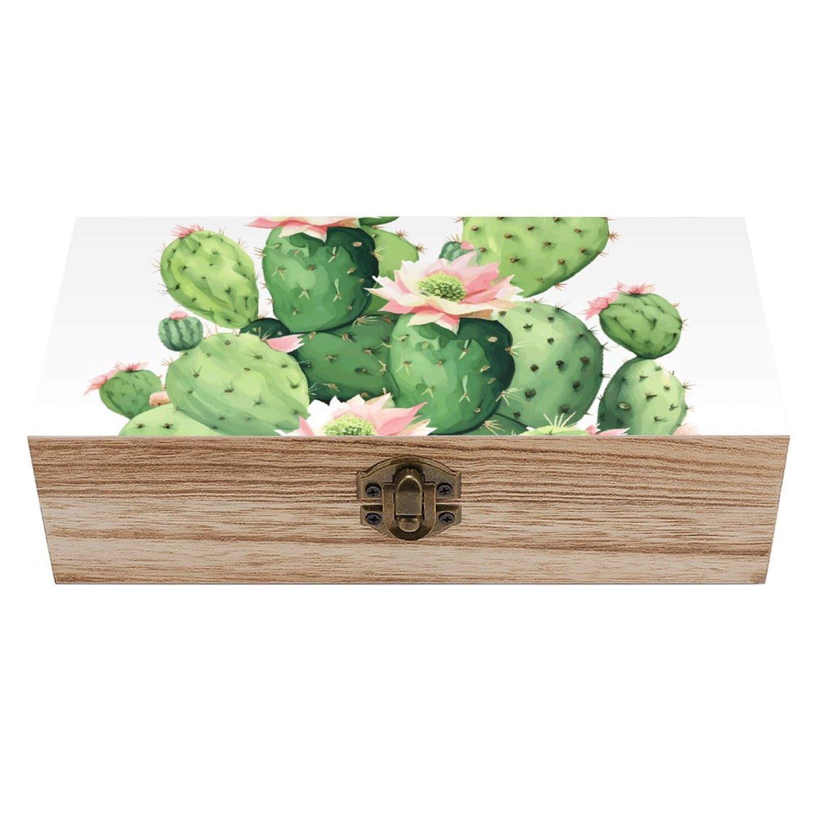 Oudrspo Cactus Wooden Keepsake Box Decorative Memory Storage Box with Hinged Lid Small Jewelry Keepsake Boxes for Storing Gift Pictures Letters Time Capsule
