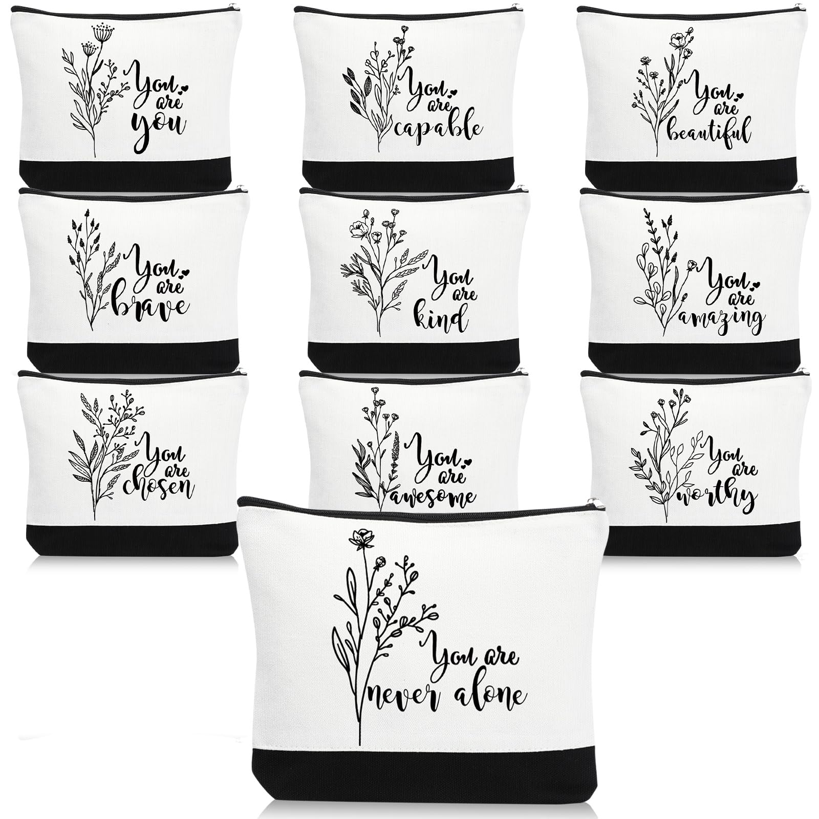 Coume 10 Pcs Canvas Makeup Bags Bulk, Inspirational Quotes Cosmetic Zipper Encouragement Travel Pouch Toiletry Bag Women Teacher Friend Nurse Womens
