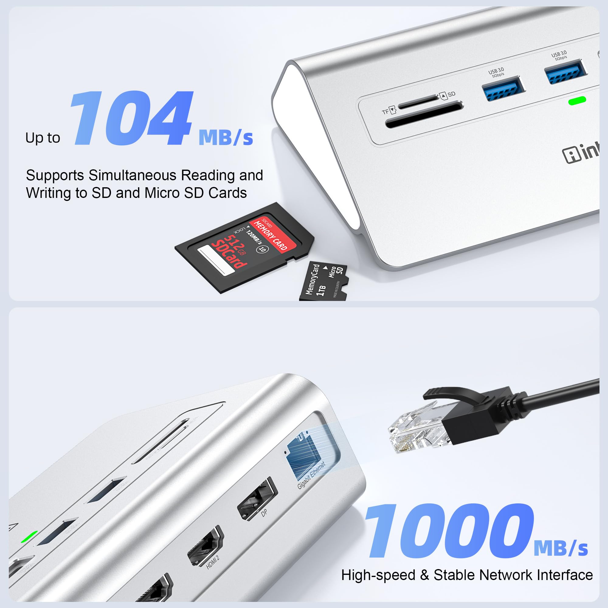 Docking station USB C 3 monitor, intpw 13 in 1 dock con doppia HDMI 4K60Hz, 8K DP, 10Gbps USB A/C, 45W PD, Gigabit Ethernet, SD/TF, audio, microfono, adattatore di alimentazione da 65 W + cavo da 3,9
