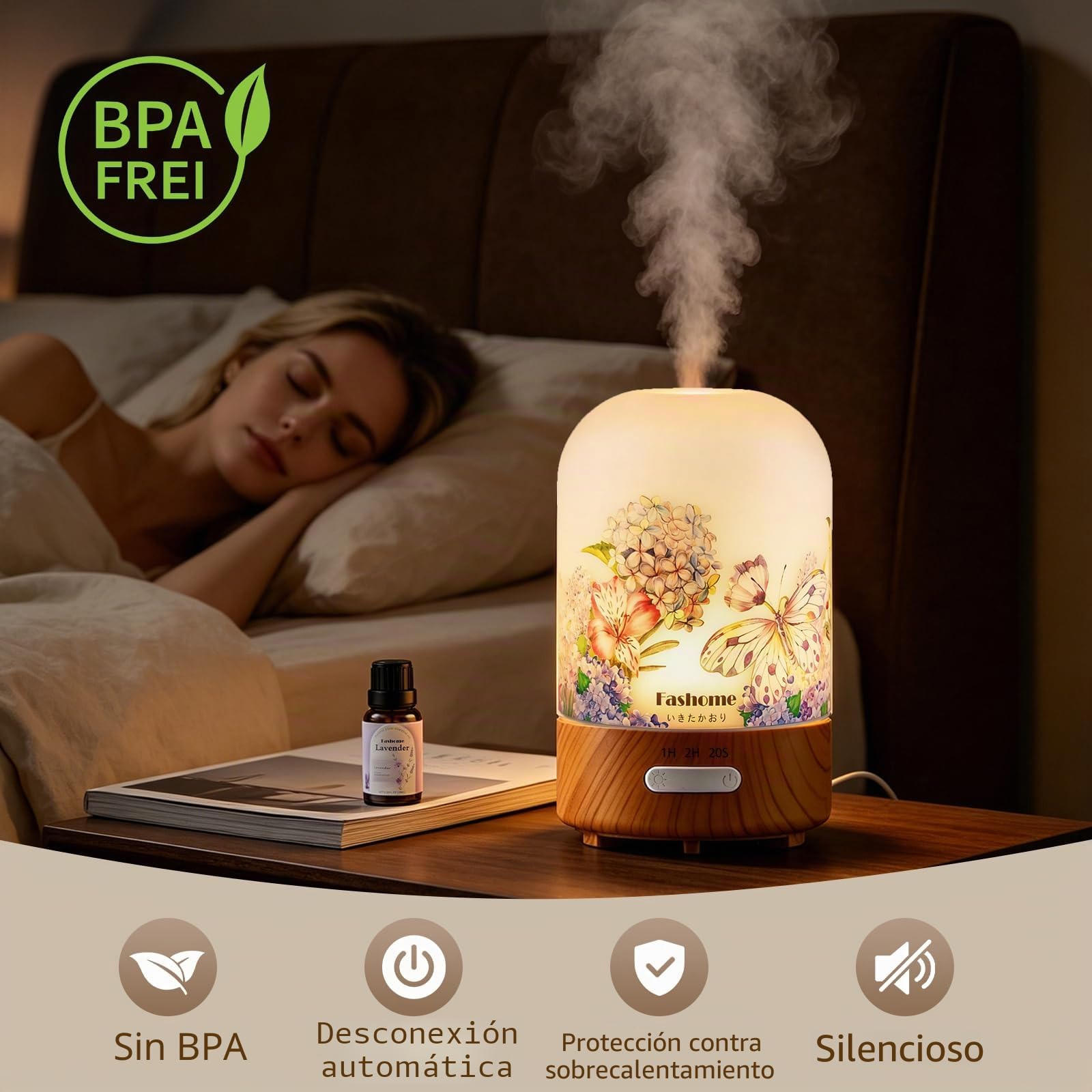 Fashome Difusor de aroma de 100 ml, difusor de aceites esenciales de cristal hecho a mano, apagado automático, silencioso con luz cálida, para el hogar, oficina, dormitorio (vainilla primaveral)