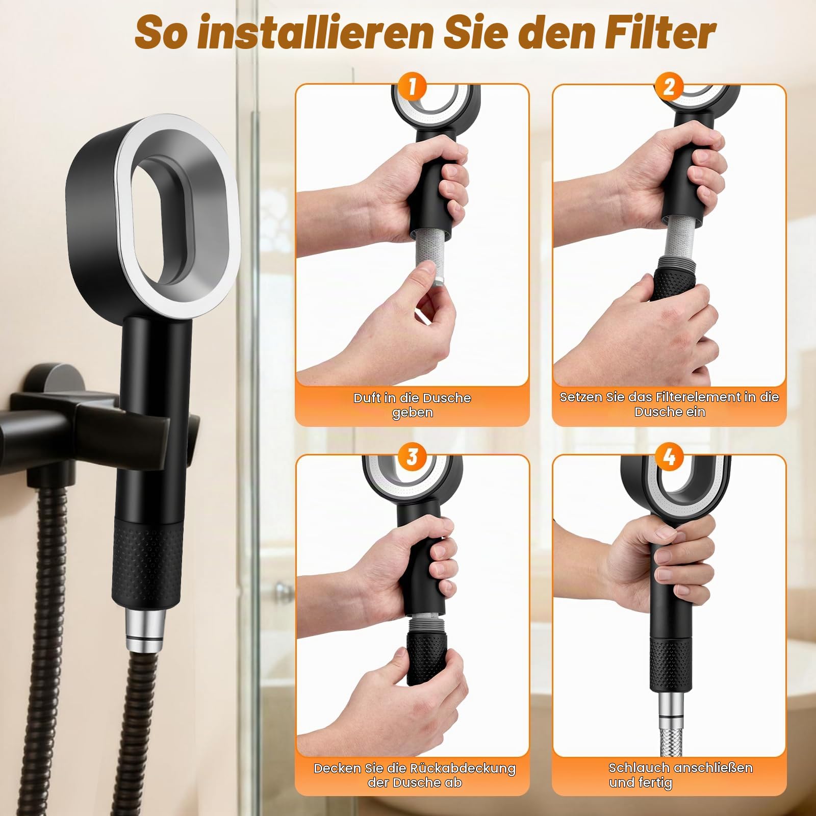 Filtersonic 3-in-1 Shower Head Doodle,Hochdruck Massage Duschkopf Gegen Kalk, Entfernt Harten Wasser Rest-Chlor & Schwermetall + Zubehör(Black)