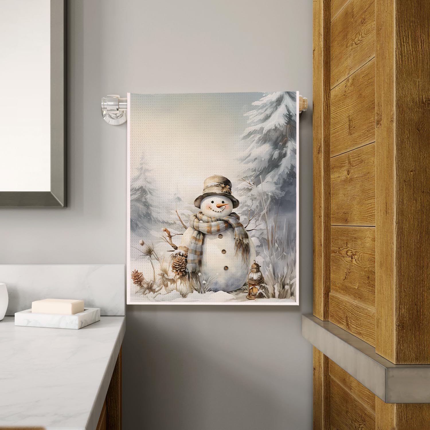 Rustic Winter Snowman Kitchen Towels, Christmas Snowy Tree Snowman Dish Tea Towels for Kitchen Decor, Holiday Winter Christmas Decorative Hand Towel for Bathroom, 16x24 Inch - Image 4