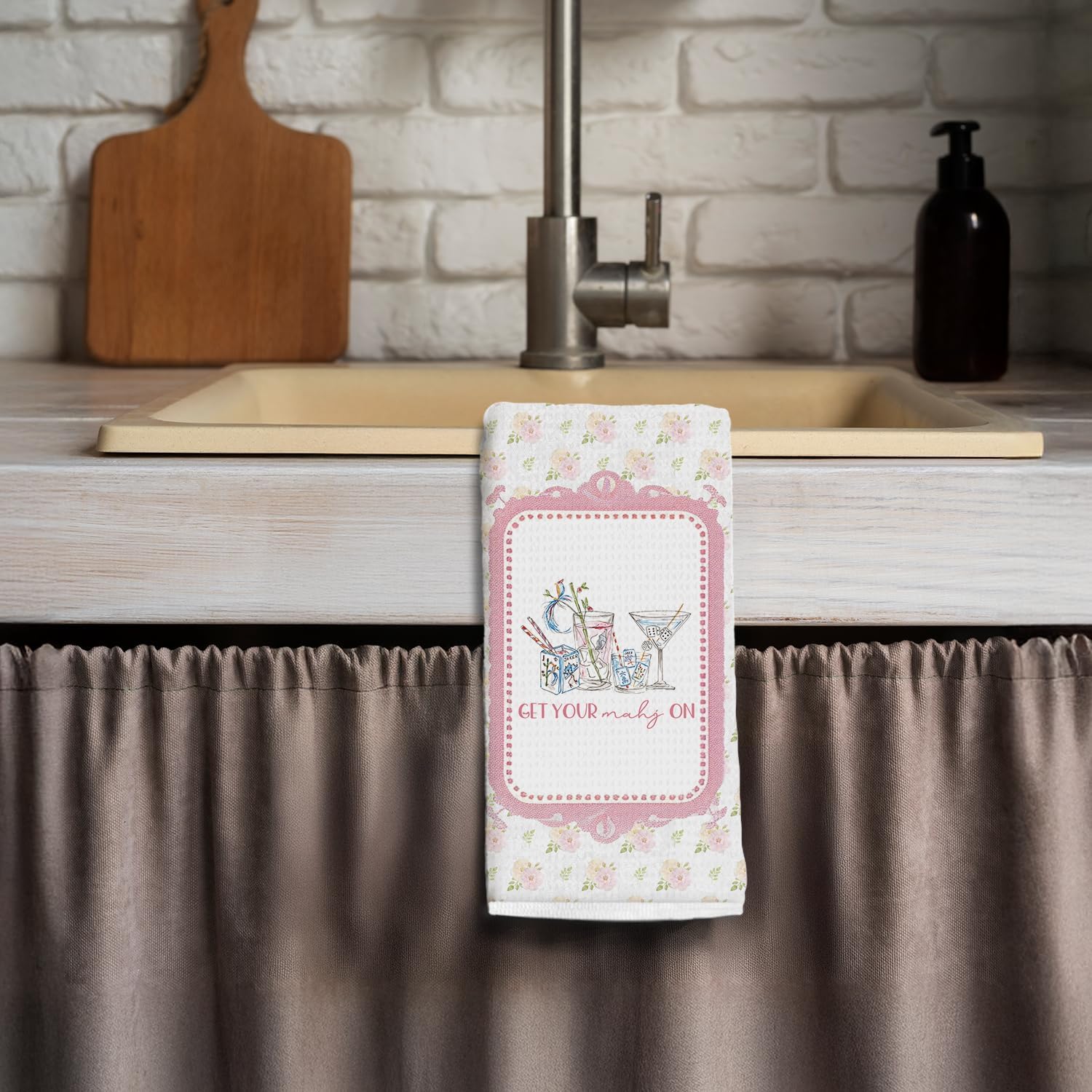 Pink Floral Mahjong Cocktail Kitchen Towels, Cocktail Lovers Gifts Dish Tea Towels for Kitchen, Grandmillennial Flower Mah Jong Decorative Hand Towel for Bar Pub, 16x24 Inch - Image 3
