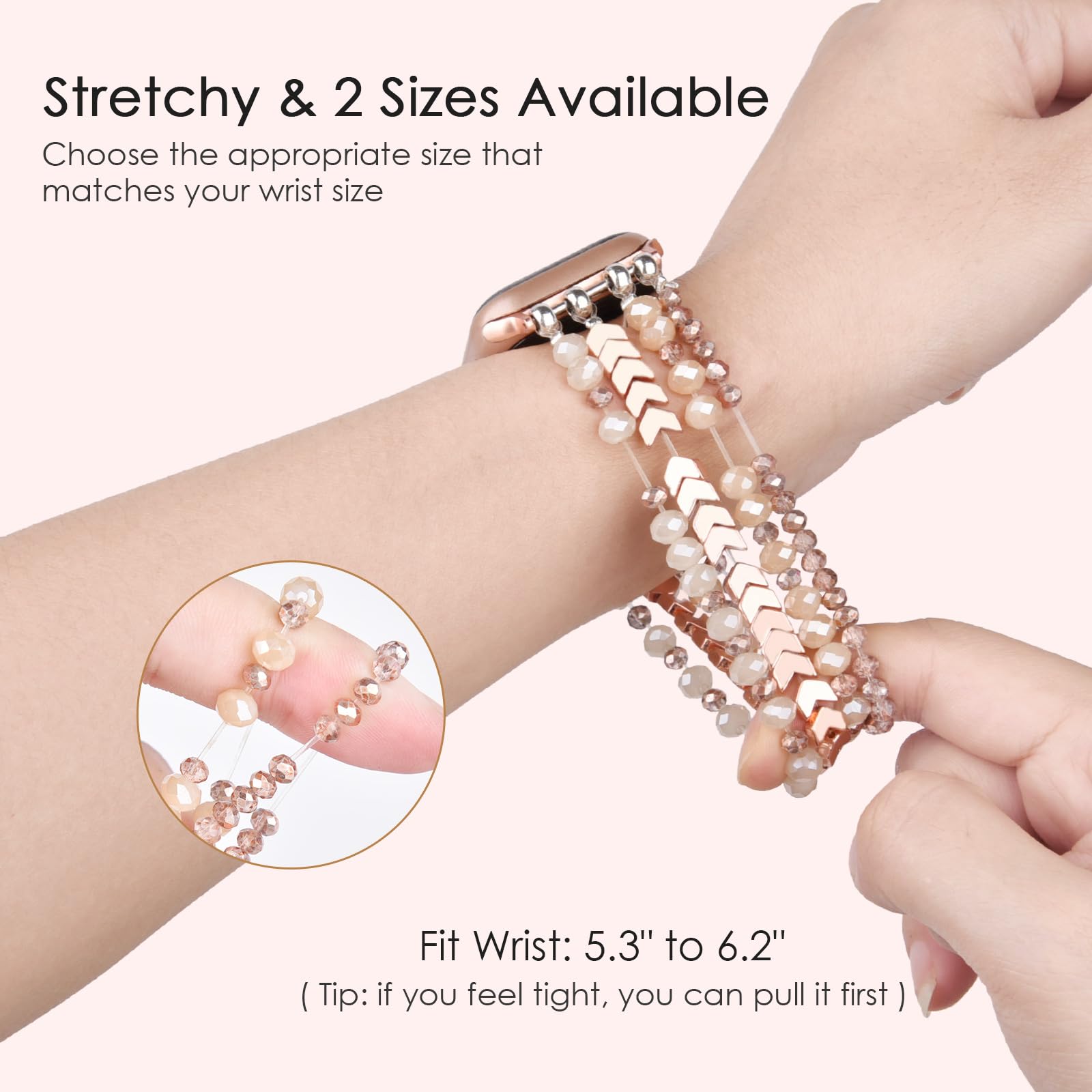 MOFREE Beaded Bracelet Apple Watch Band for Women 38mm 40mm 41mm 42mm, Elastic Stretch Women Strap Bands Compatible with iWatch Series 11/10/9/8/7/SE/6/5/4/3/2/1, Rose Gold for 5.3''-6.2'' Wrists — view 2