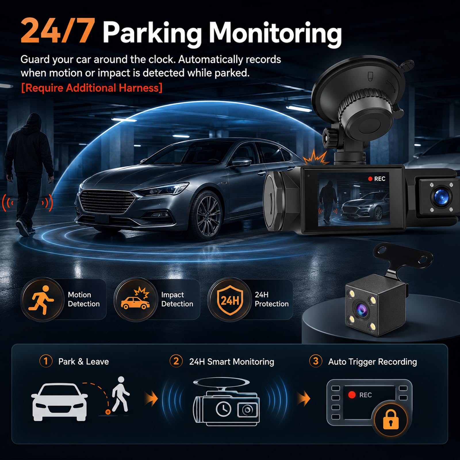 Dashcam 3 Canali Full HD, Mini Camera Auto con WiFi, App, Sensore Movimento | Display IPS 2" con Visione Notturna Avanzata WDR, Registrazione in Loop, Wi-Fi App Viidure, Monitoraggio Parcheggio H24
