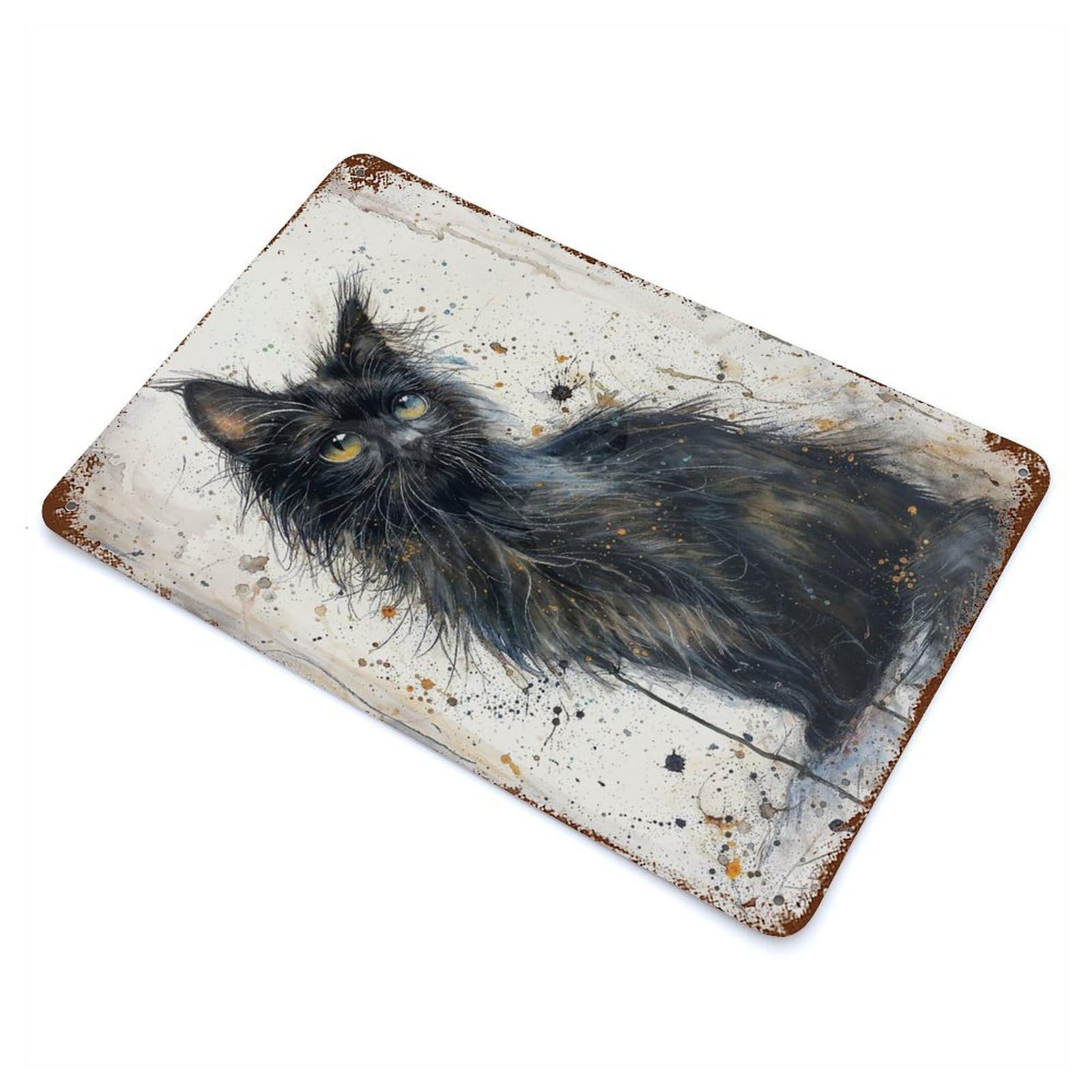 Rust Effect Enchanted Black Kitten Aged Metal Wall Plaque 11.8"x7.9", Farmhouse Wall Decor for Office, Studio And Wall Decor