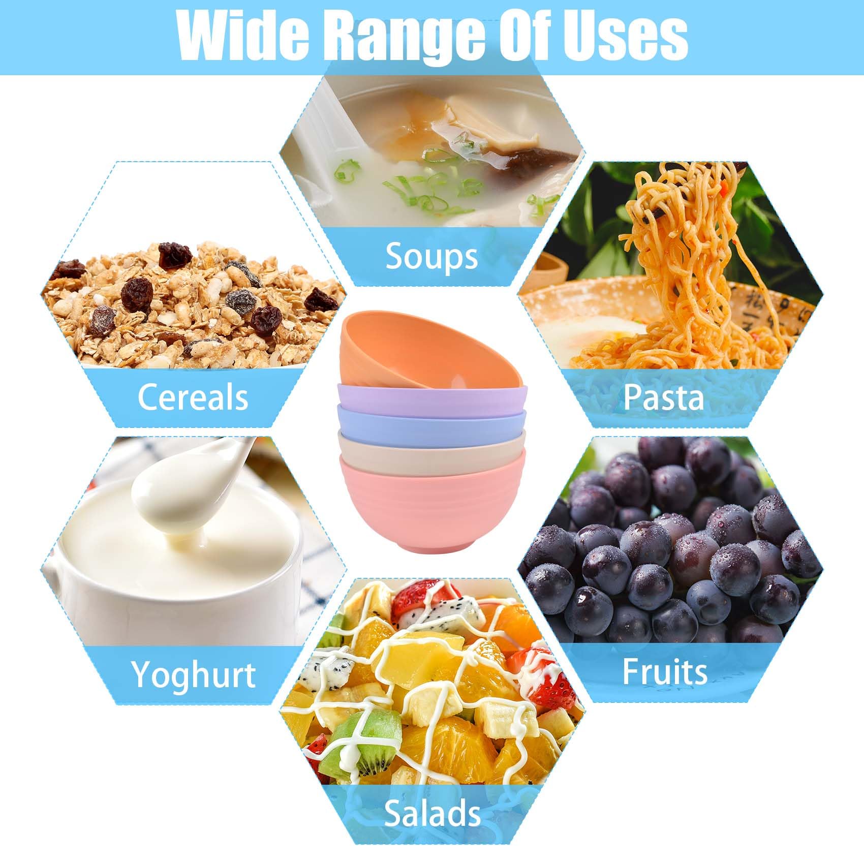 LAGAHS Unbreakable Plastic Bowls, Cereal Bowls Set of 5, Pasta Bowls, Fruit Camping Ramen Noodle Soup Salad Mixing Rice Microwave Smoothie Dessert Bowl, Plastic Serving Bowls - Image 3