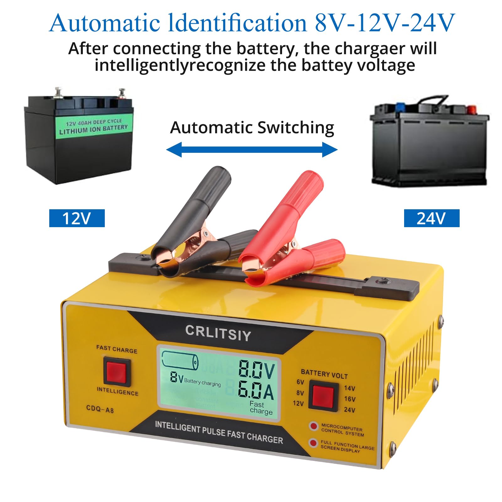 Autobatterie-Ladegerät, intelligentes Erhaltungsladegerät, 6 V/8 V/12 V/14 V/16 V/24 V, 0–10 A, LCD-Akku-Ladegerät für Auto, Motorrad, Boot, Golfwagen mit Krokodilklemmen, 8 Volt