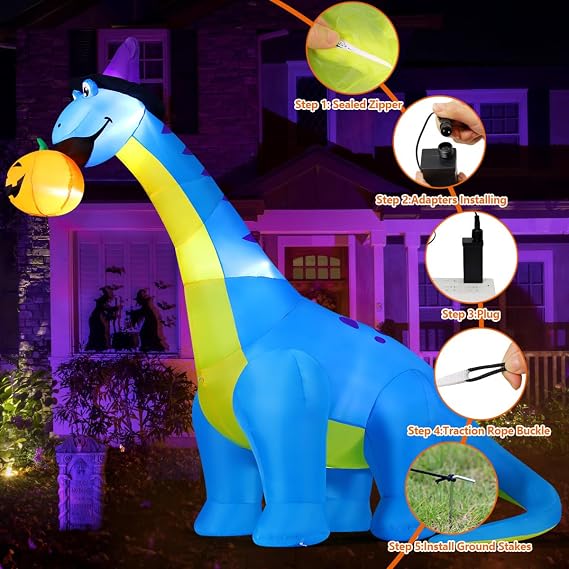 Halloween Inflatables Outdoor Decorations 10 FT Tall Dinosaurs Eating Pumpkin with Shake Head Blow Up Yard Decoration with Built-in LED for Yard Garden Party Lawn