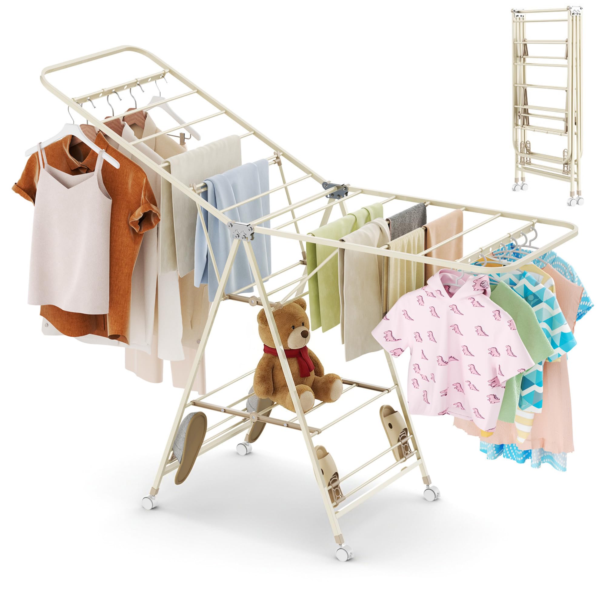 Clothes Airer Foldable Clothes Drying Rack Winged Adjustable Height