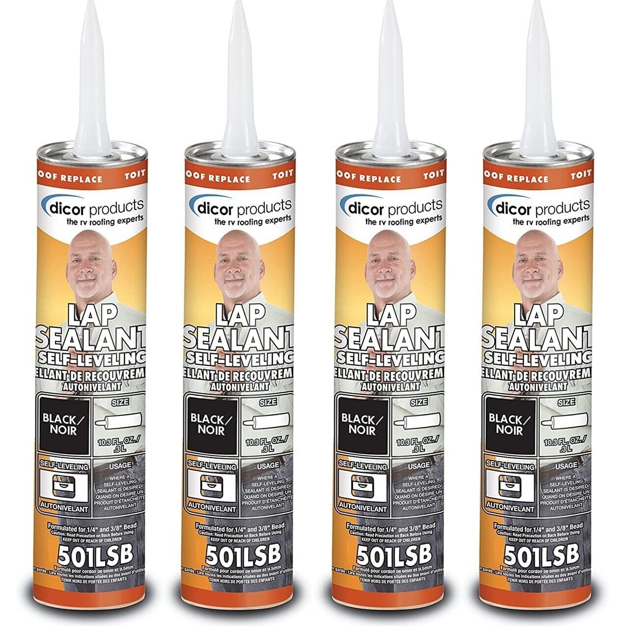 Dicor 501LSB-1, Self-Leveling Lap Sealant, RV Roof and Repair, Black, 10.3 OZ Tube, Pack of 4