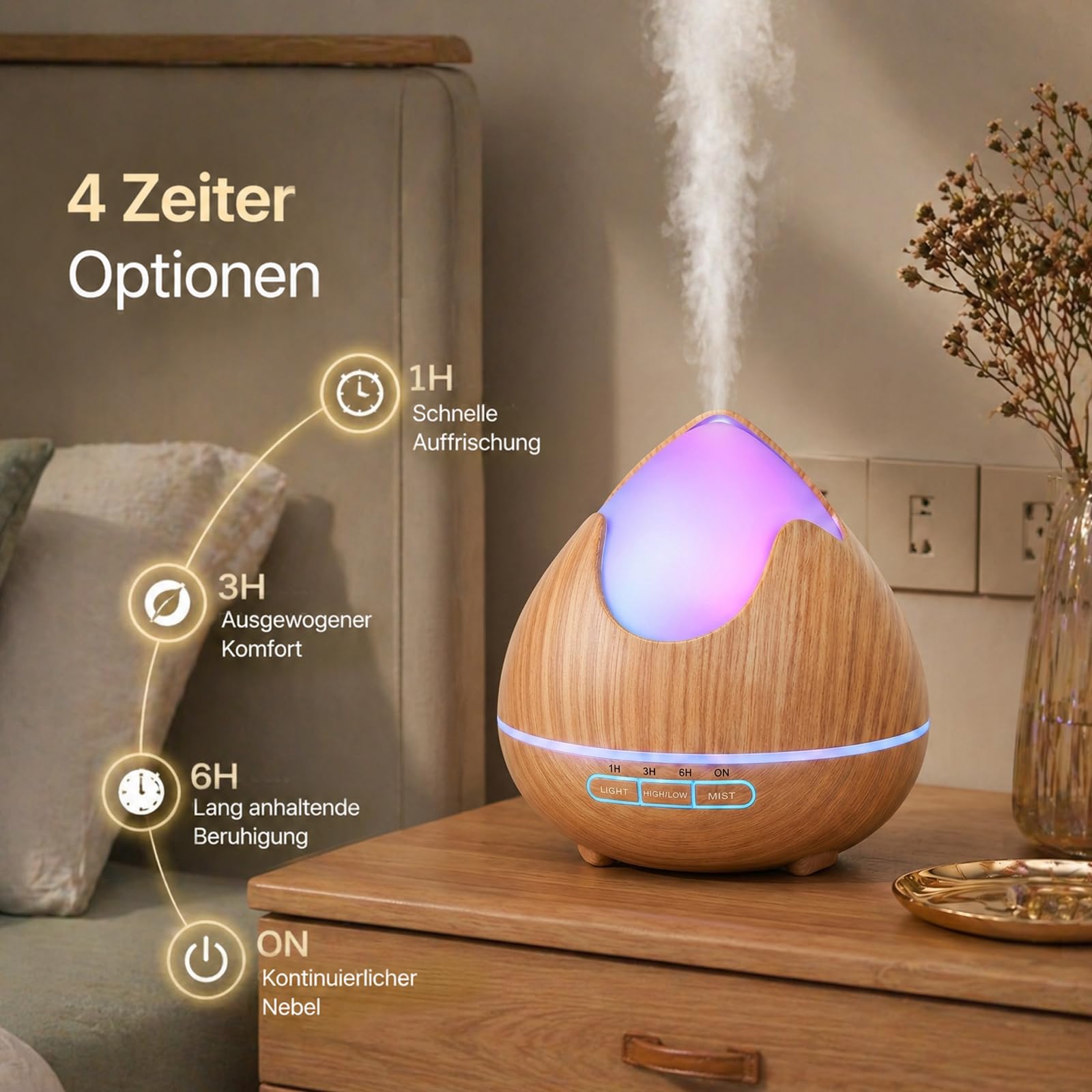 Aroma Diffuser für Ätherische Öle 500 ML, Ultraschall Luftbefeuchter, Aromatherapie Öle Diffusor mit 14-Farbigem LED-Licht, 4 Timer Einstellung