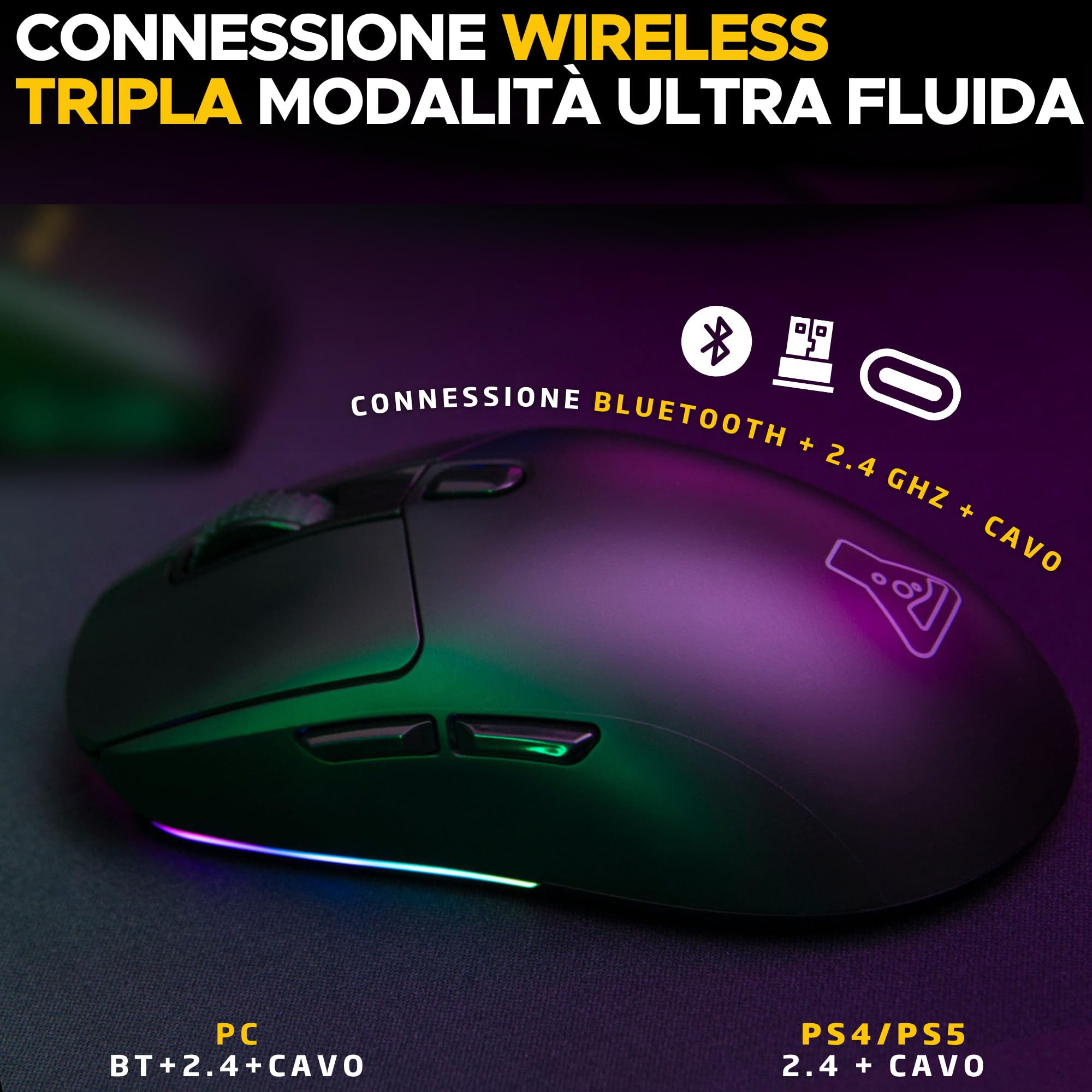 The G-Lab – Kult Titanium – Mouse Bluetooth/USB 2.4GHz/Filo : Triple Modalità, 100h Autonomia, RGB, 12.000 DPI – Mouse Gaming Wireless 100% Personalizzabile per PC/PS4/PS5/XBOX