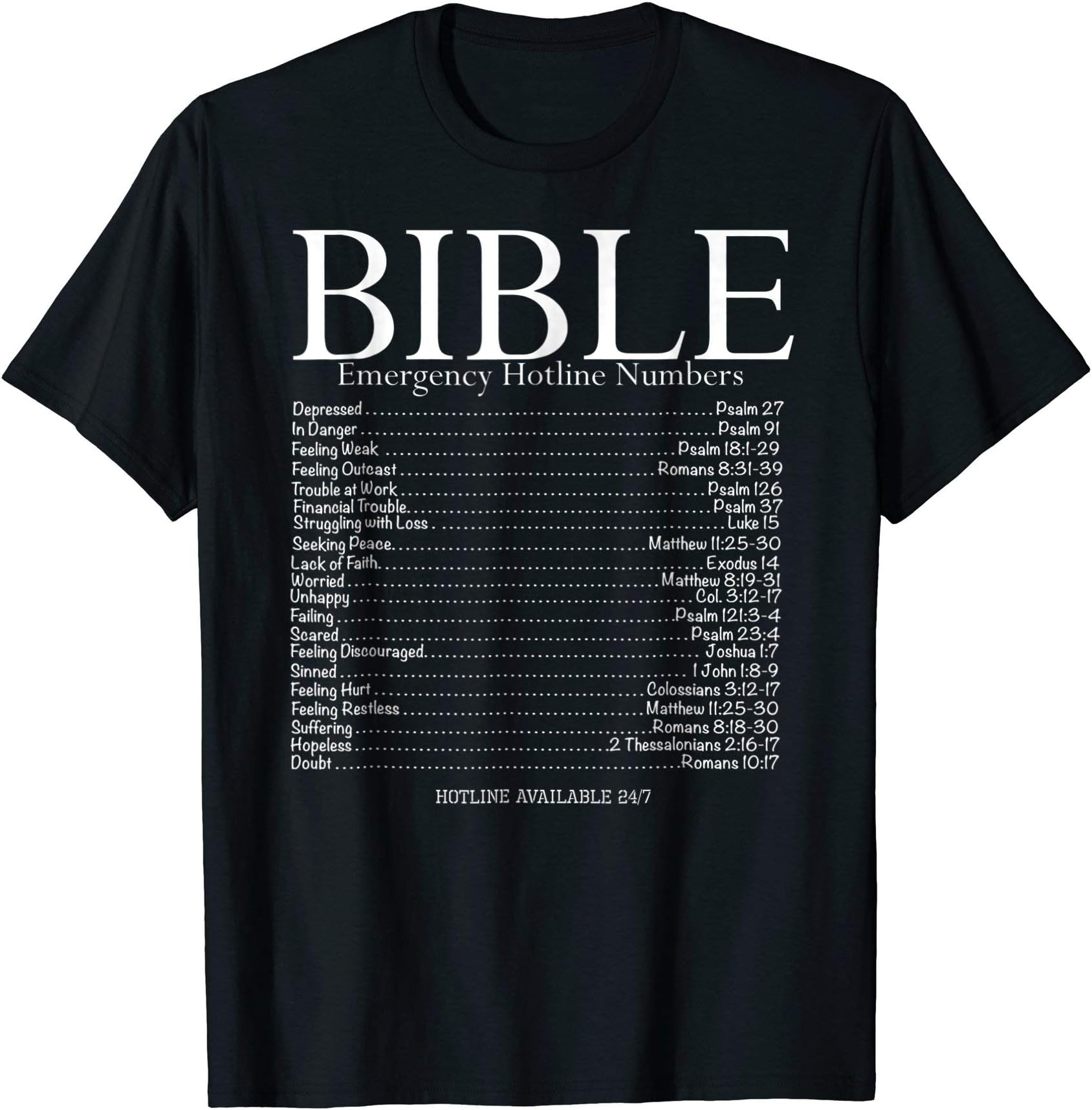 BibleLifestyleBible Emergency Hotline Numbers T-Shirt, Unisex Adult, Black, Small, Short Sleeve, Classic Fit, Modern Classic, Bible Theme