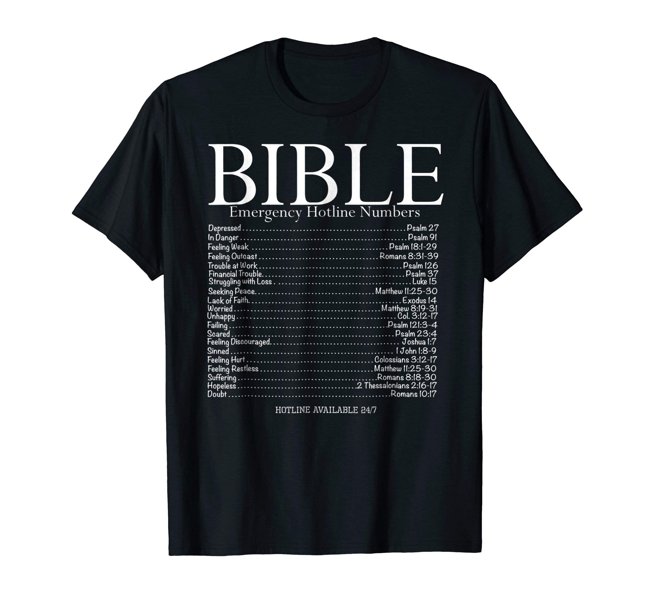 BibleLifestyleBible Emergency Hotline Numbers T-Shirt, Unisex Adult, Black, Small, Short Sleeve, Classic Fit, Modern Classic, Bible Theme