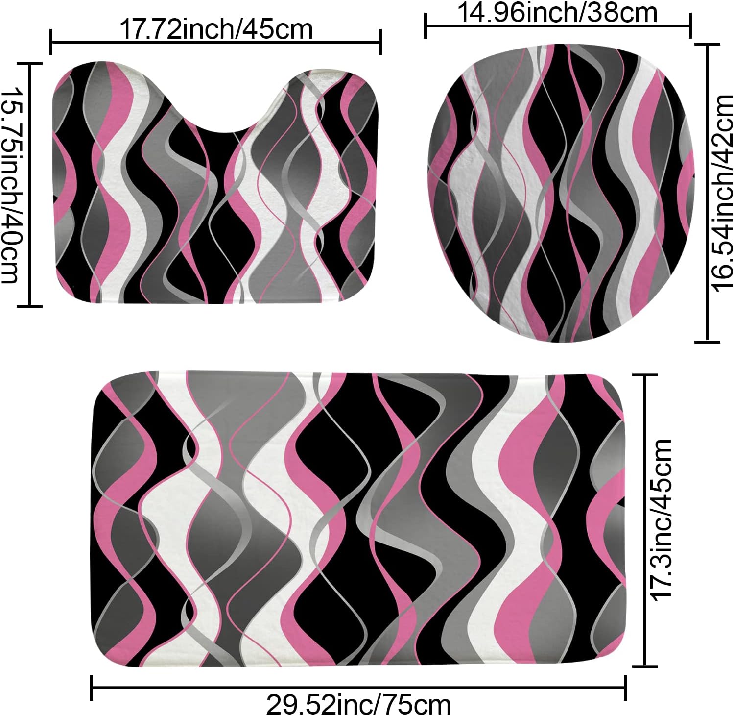 BEIFIVCL 4Pcs Pink Shower Curtain Sets with Non-Slip Rugs, Toilet Lid Cover and Bath Mat, Black and Gray Bathroom Decor Set Accessories Fabric Waterproof Shower Curtains with 12 Hooks, 72 x 76 Inch