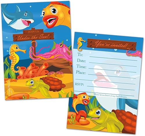 Leigha Marina Tarjetas de invitación de fiesta bajo el mar para niños, 20 invitaciones y 20 sobres, notas de felicitación estilo relleno en blanco,