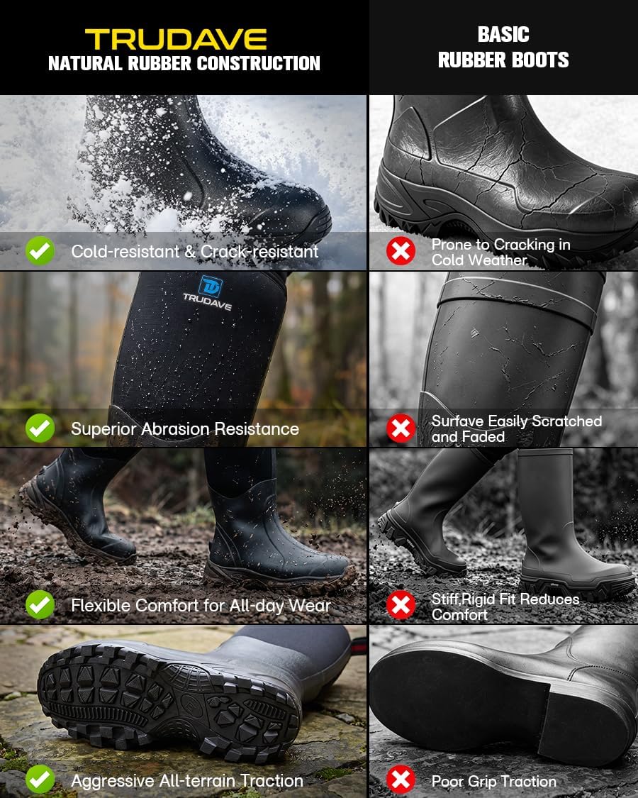 Trudave Rubber Boots for Men & Women with Steel Shank, Mens Rain Boots Waterproof Insulated, Reliable 6mm Neoprene Warm Anti-slip High Traction Multi-season Dry Mud Boot for Outdoor, Work, Hunting