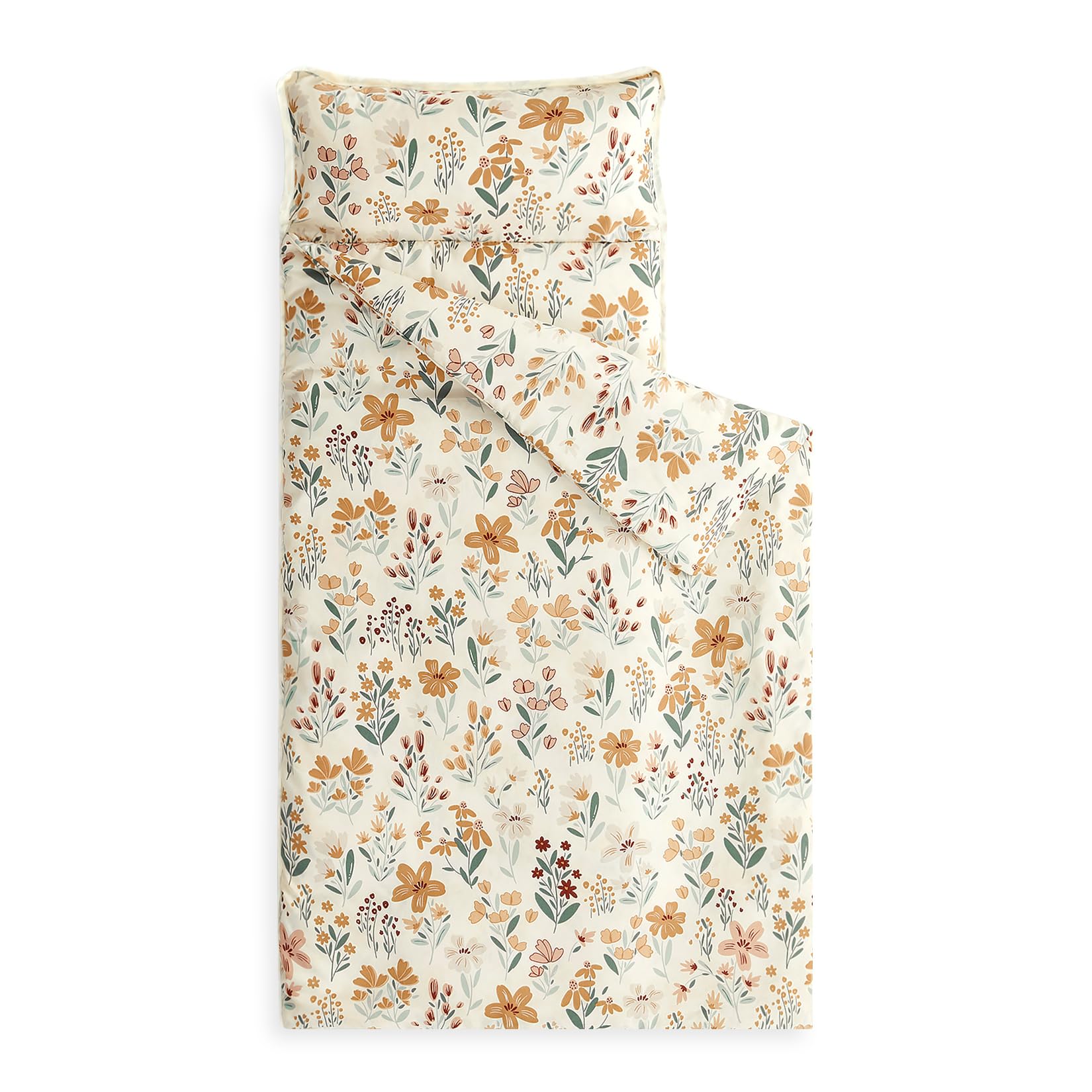 Wake In Cloud - Toddler Nap Mat with Pillow and Blanket, for Kids Girls in Kindergarten Daycare Preschool Pre K, Roll Up Sleeping Bag, Floral Botanical Flowers, Orange Cream, Standard