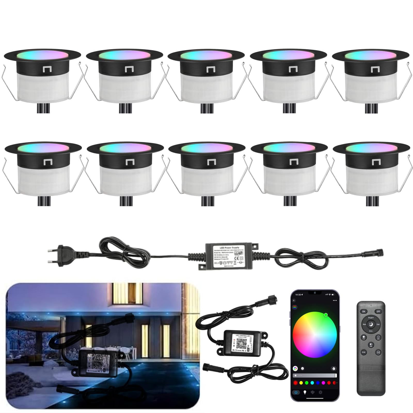 INDARUN WiFi Lampe au Sol Spot Encastrable RGBW étanche IP67 45mm - éclairage pour terrasse, patio, chemin, mur, jardin, décoration, intérieur et extérieur (10 pièces