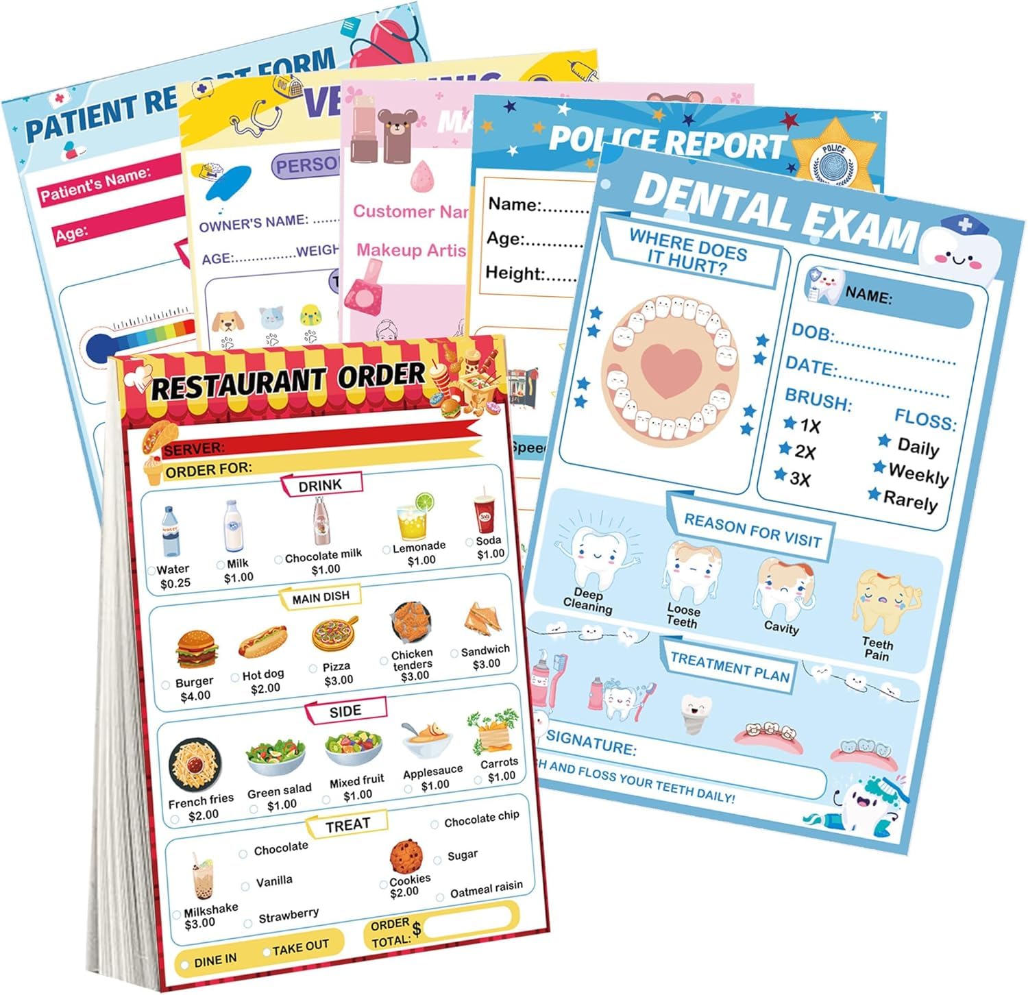 Pop Resin Pretend Play Notepads 6 Pack Playtime Pads Variety Role Play