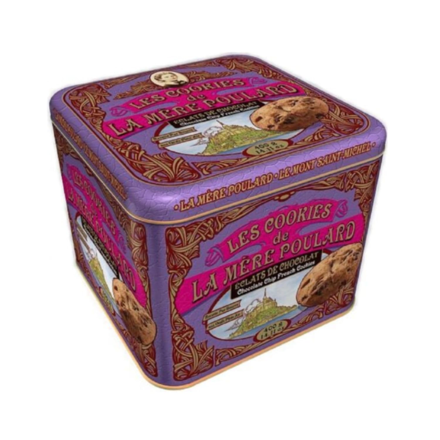 La Mère Poulard® | Biscotti Burro Salato Cioccolato | Lattina Biscotti Francesi Burro | Frollini Burro Scaglie Cioccolato - 400 Gr | Latta Regalo Biscotti Decori Viola