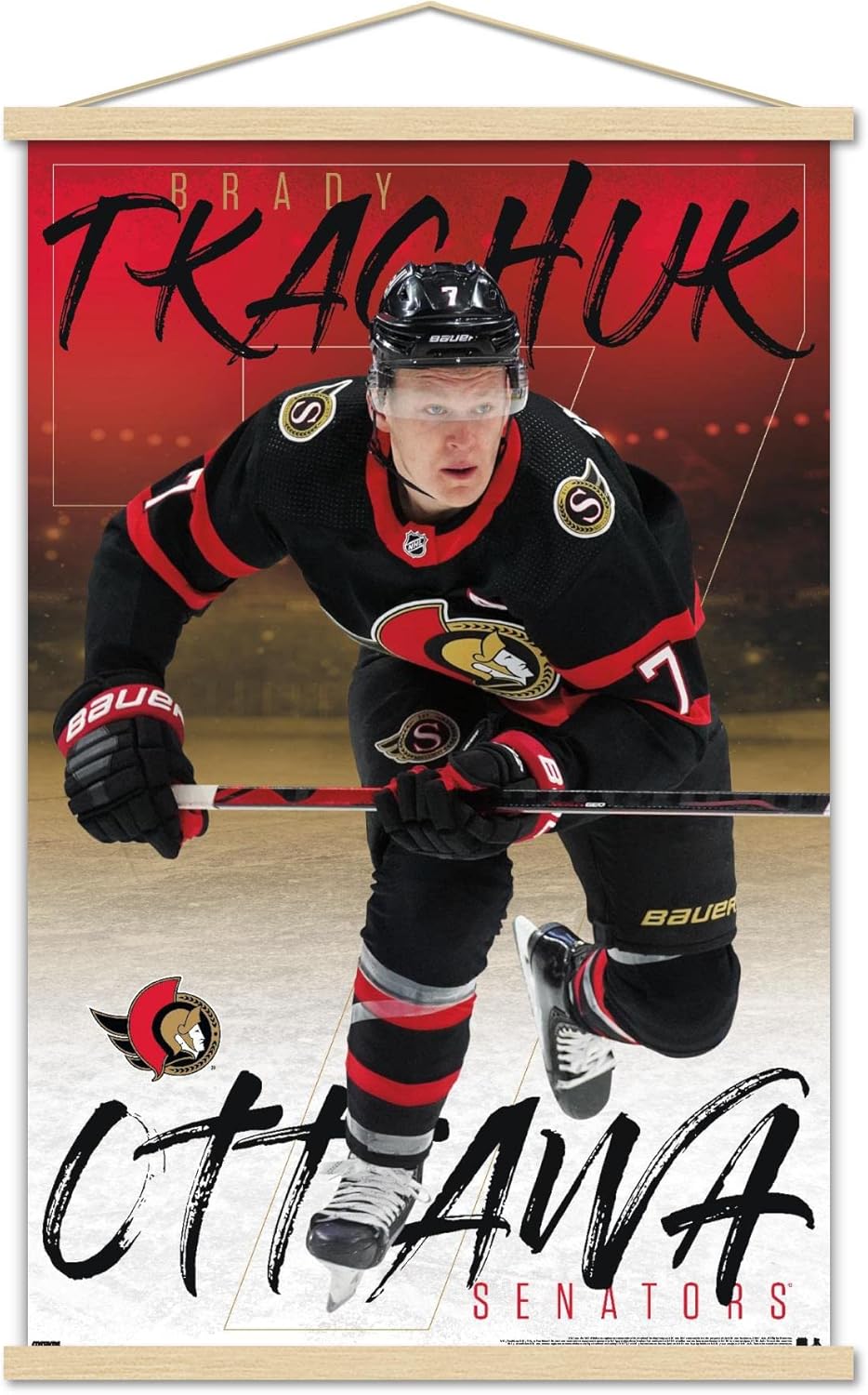Trends International NHL Ottawa Senators-Brady Tkachuk 21 Wall Poster with Magnetic Frame, 22.375" x 34", Print and Beechwood Hanger Bundle