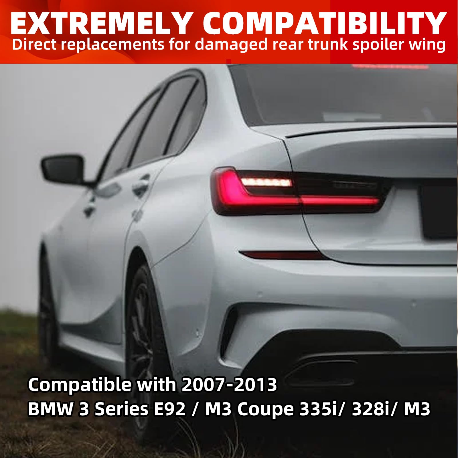 ECOTRIC Carbon Fiber Style Spoiler Wing Compatible with 2007-2013 BMW E92 3 Series Coupe 328i 335i M3 & E92 M3 2 Door Coupe Rear Trunk Lid Spoiler Wing Winglet