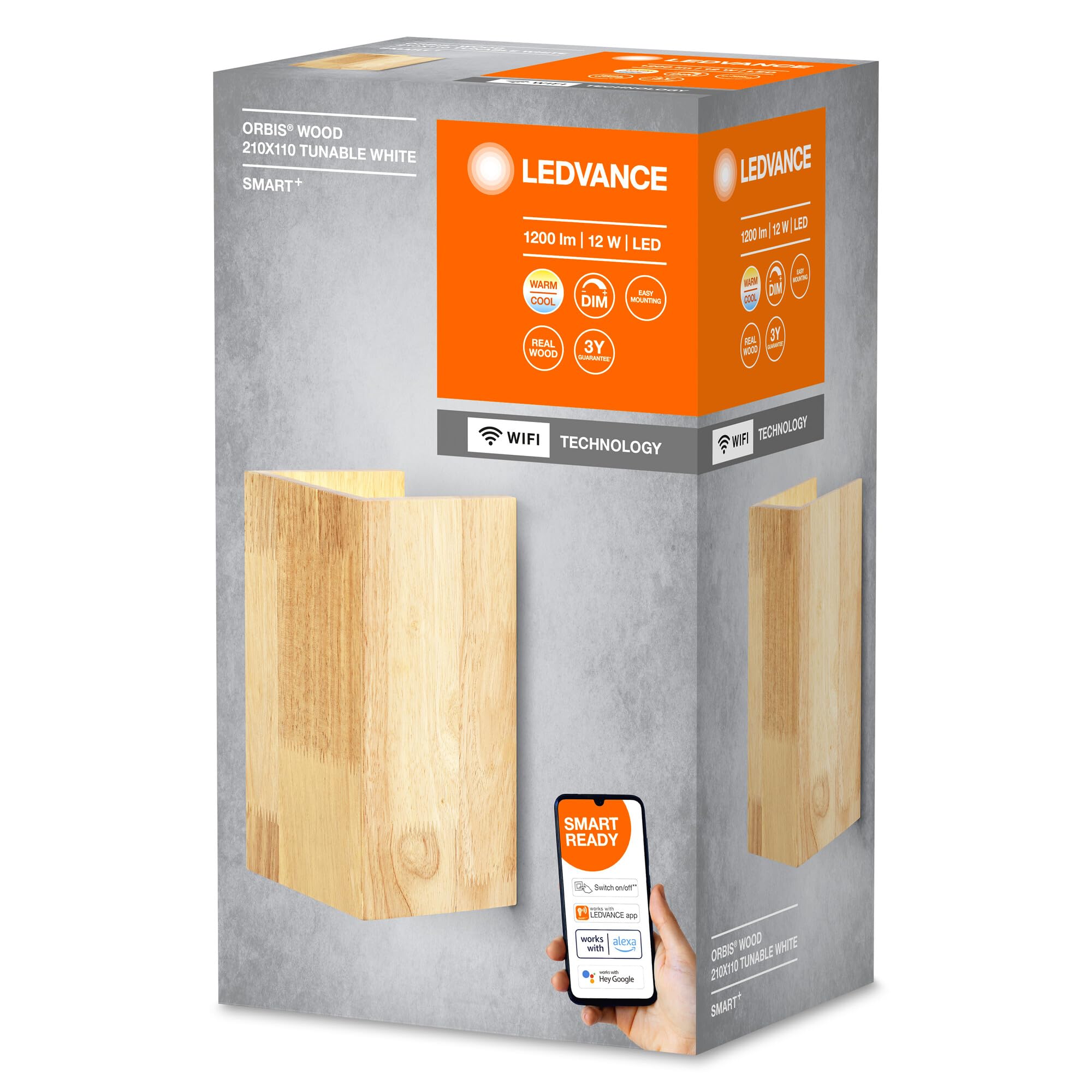 LEDVANCE EDVANCE Lampada ORBIS WOOD SMART+ Wi-Fi, lampada da parete per interni a LED dimmerabile, illuminazione 14W, 3000-6500K, 600lm, forma quadrata in vero legno, 21x11cm