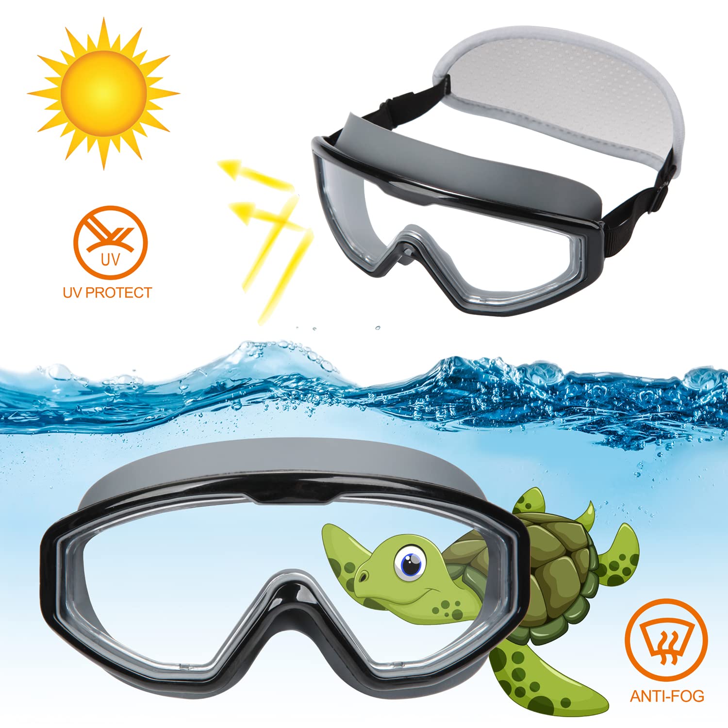 Schwimmbrille für Kinder im Alter von 4–7 Jahren, Kleinkindbrille, kein Ziehen der Haare, Stoffband, Schwimmmaske für Kinder, breites Kopfband