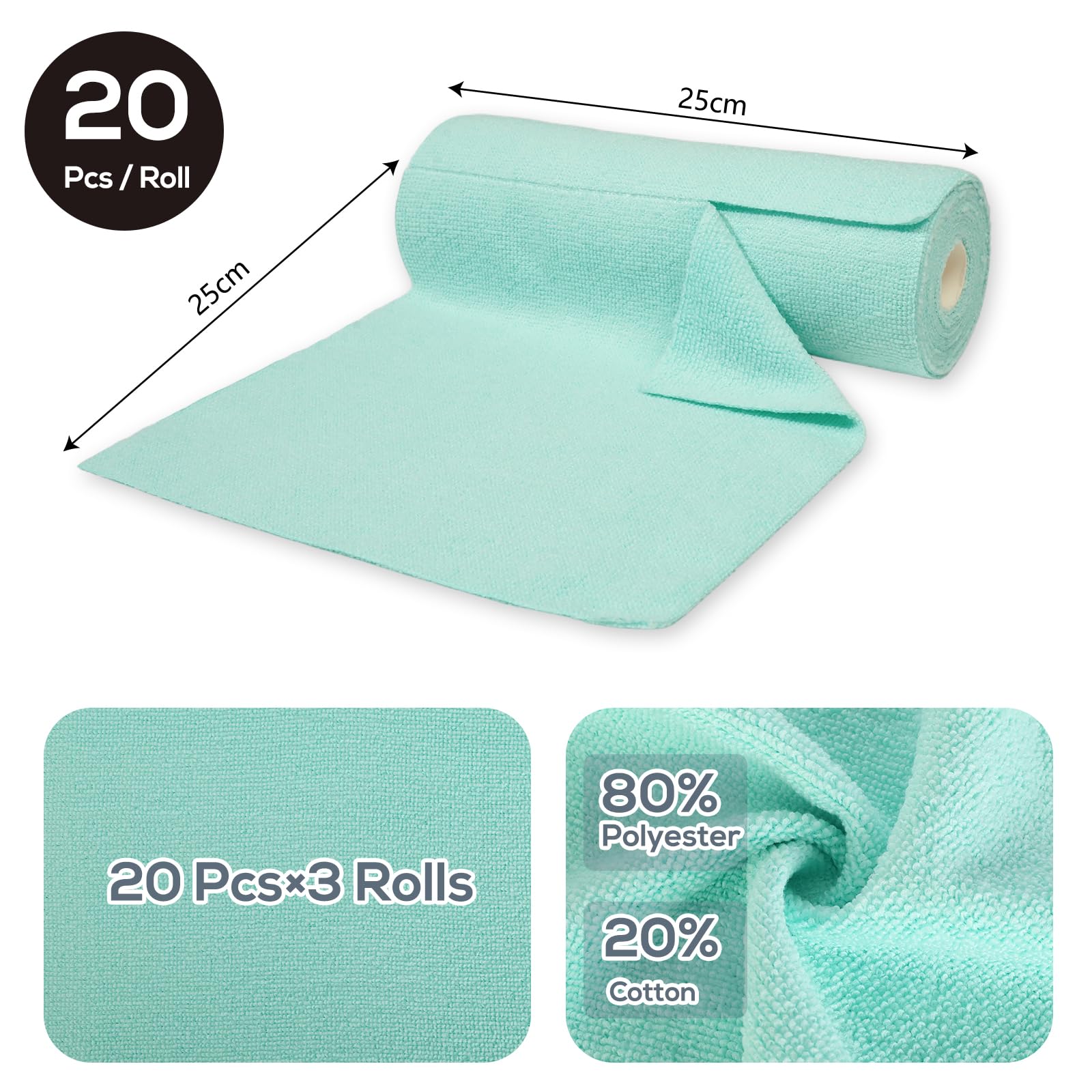 Romon Bayetas Microfibra, 60 Piezas Compacto Rollo de Paños Microfibras, 25x25cm Trapos Cocina Desprendible con Una Mano, Reutilizable hasta 50 Veces, para Cristales Hogar y Coche (Rosa, Cian, Azul) — view 2