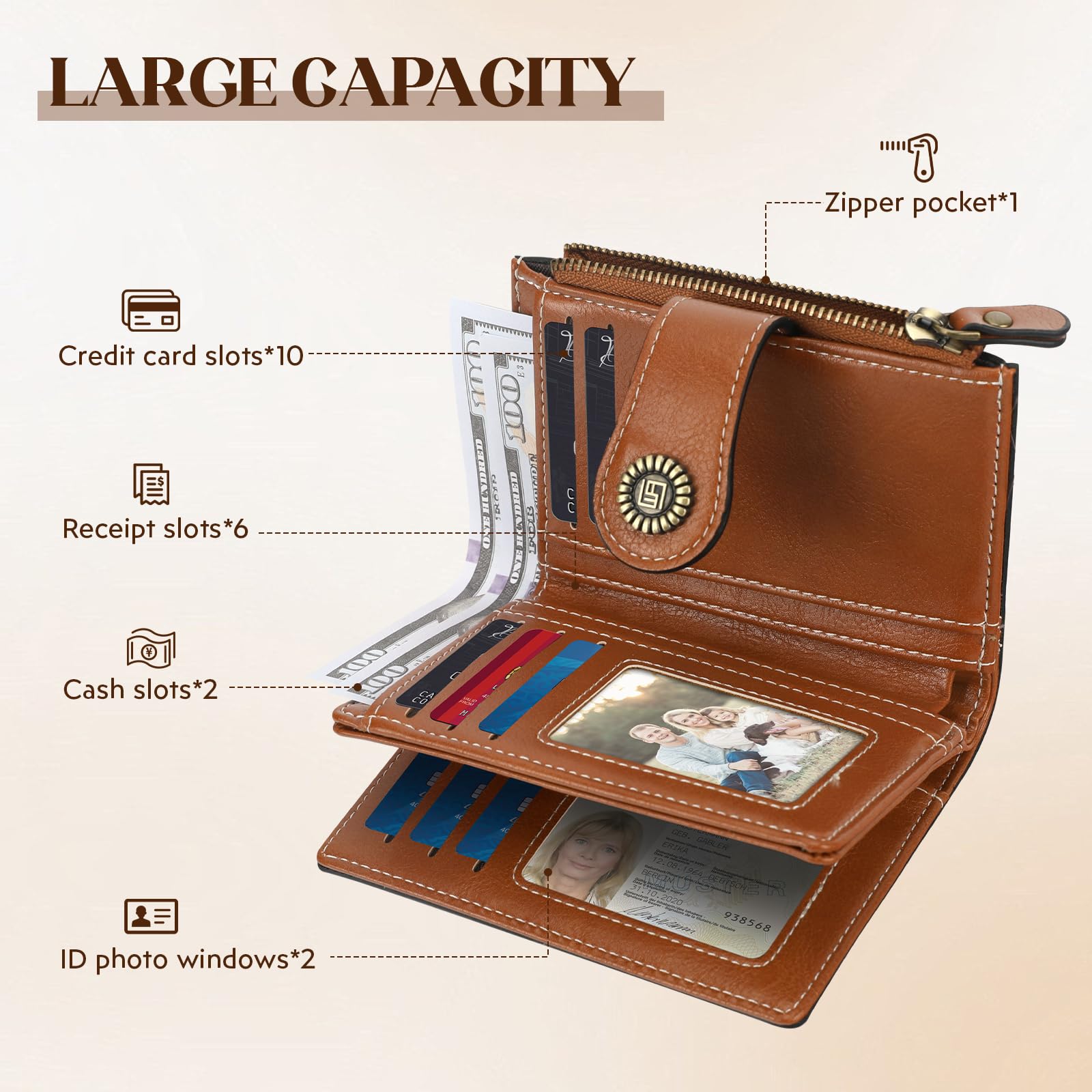 GlasFlength Portafoglio Donna Piccolo in Pelle, Portamonete Piccoli Blocco RFID con Cerniera e Chiusura a Scatto Corto Bifold Portafogli Donna Scomparti per Carte Multipli Grande Capacità (Marrone)