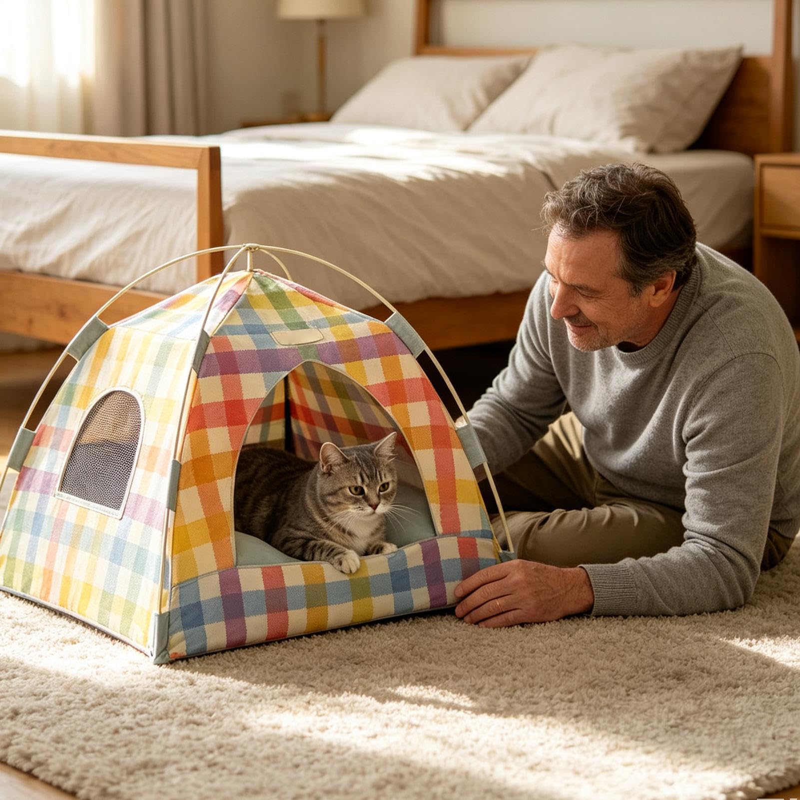 Tenda per Gatti Traspirante e Ventilata Rifugio Caverna Pieghevole con Rete | Tenda Gatti Da Interno Casa, Soggiorno, Appartamento, Dormitorio, Patio, Balcone e