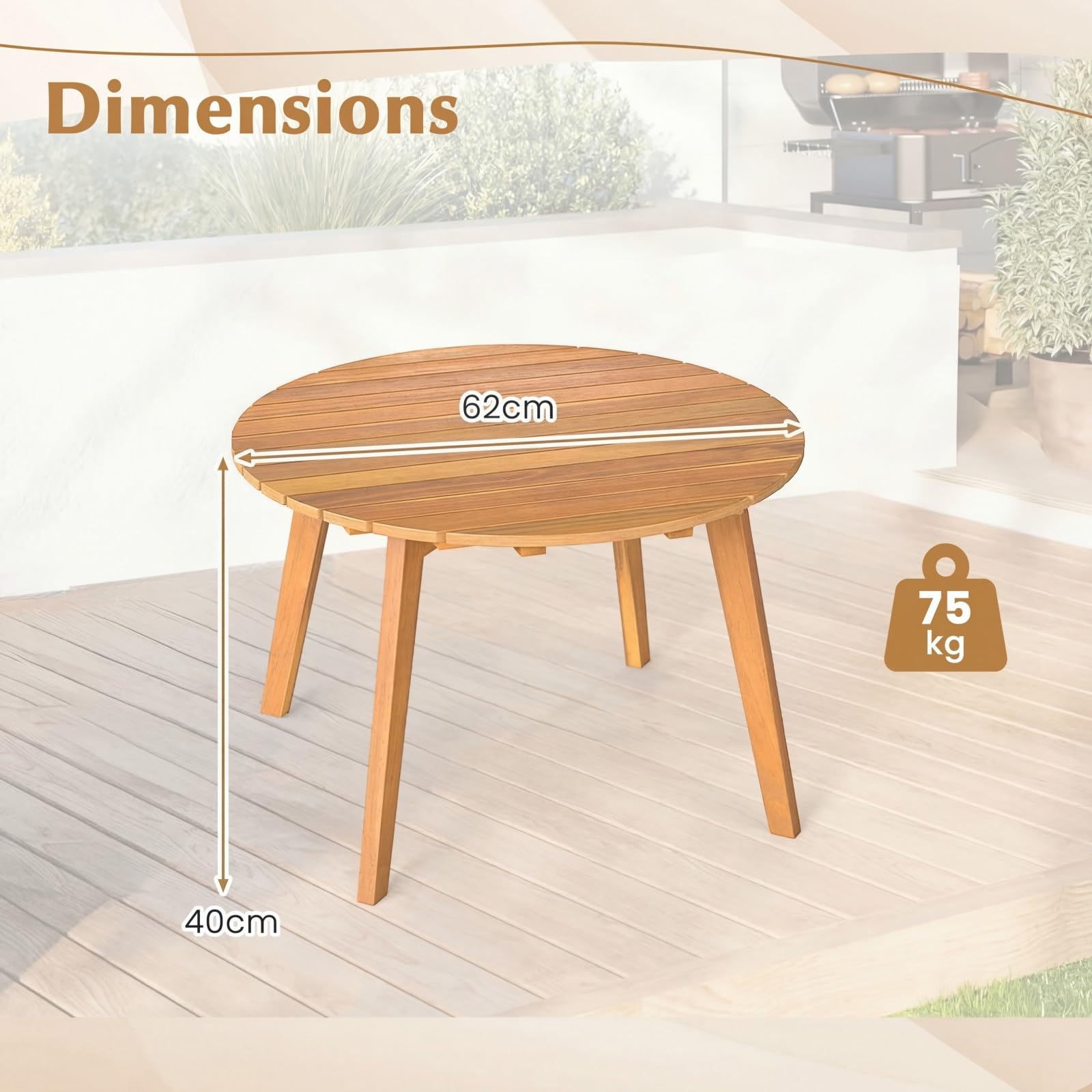 GOPLUS Table Basse Exterieur 62x40cm, Petite Table de Jardin en Bois d'Acacia avec Plateau Rond à Lattes&4 Pieds Fiables, Montage Facile, Meuble de Bistrot pour Terrasse Balcon Piscine, Charge 75kg