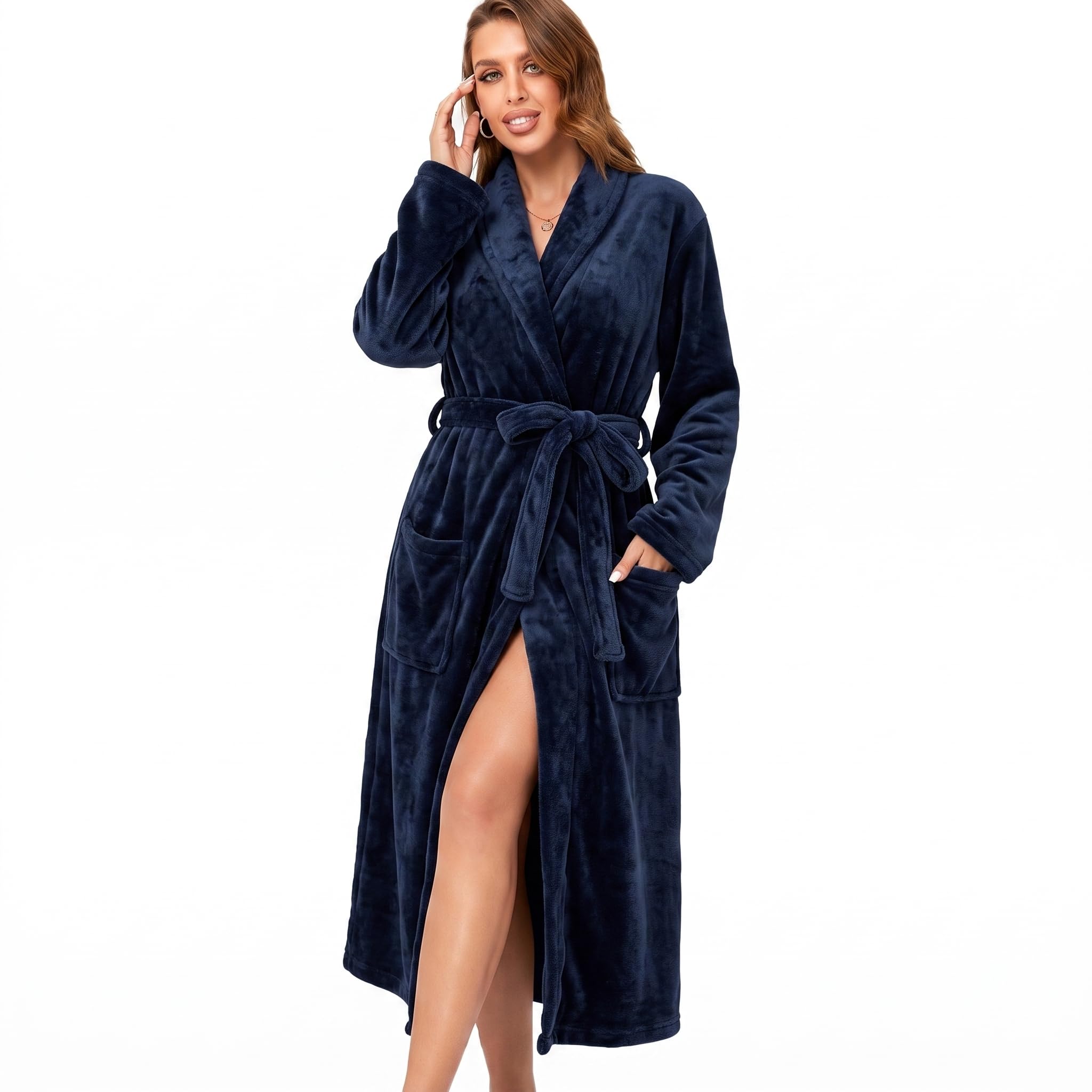 RONGTAI Langer Damen-Bademantel aus Plüsch-Fleece, dick, mit Kapuze, mit Taschen, flauschige Nachtwäsche für Herren