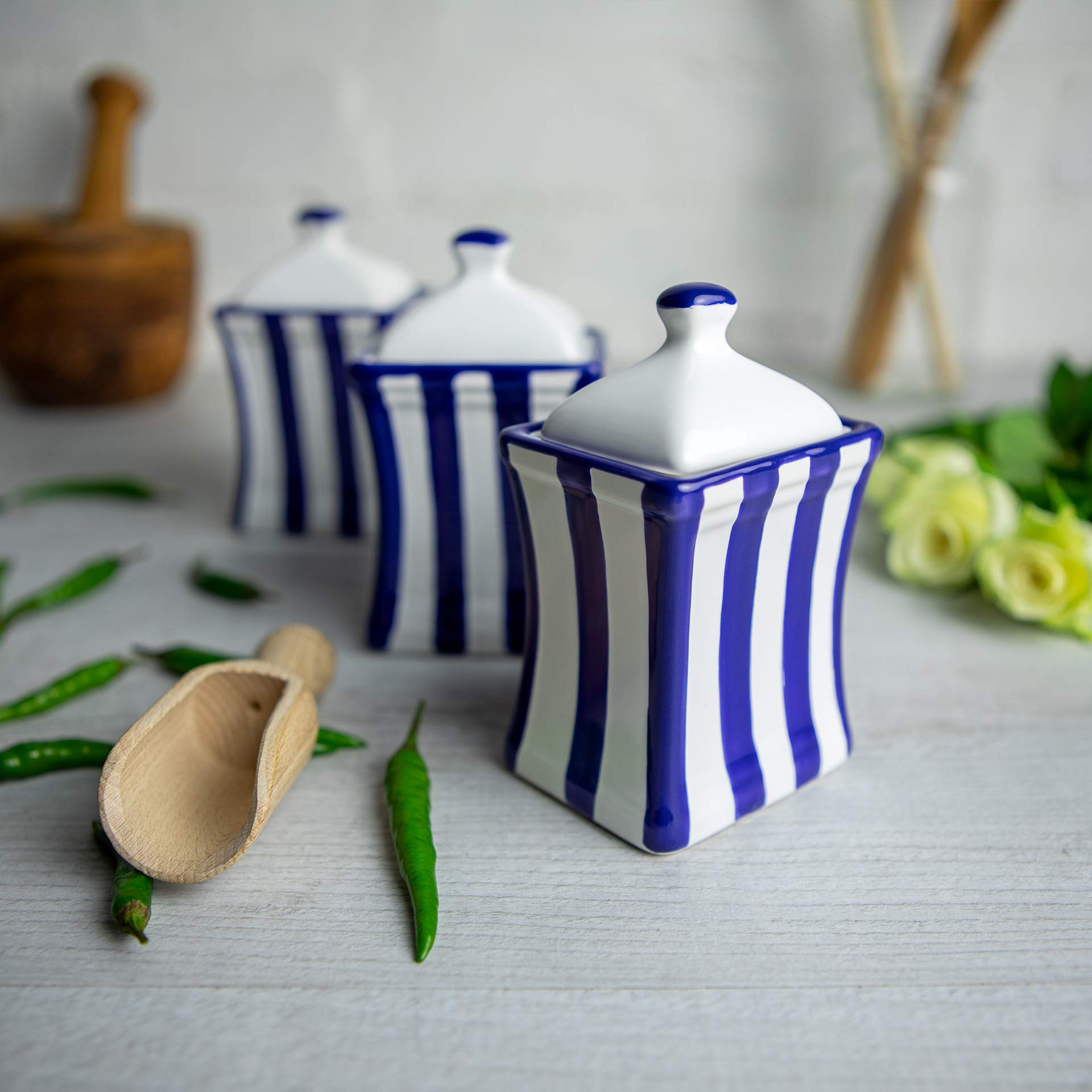 City to Cottage® Set di 3 Barattoli Piccoli da 150ml in Ceramica | Contenitori per Cibo da Cucina per Spezie | Realizzato e Dipinto a Mano | Fantasia a Righe Blu Scuro