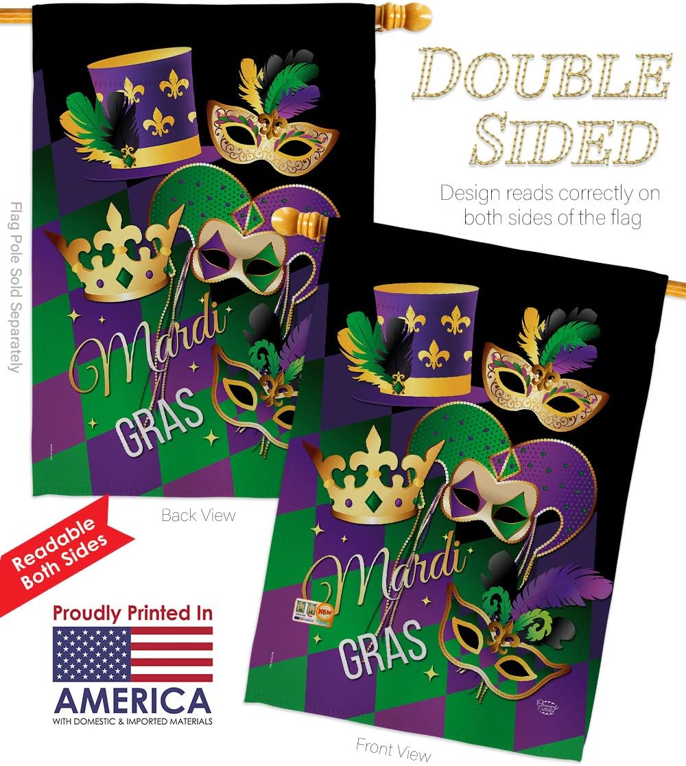 Mardi Gras House Flag Springtime Carnival Festival Masquerade Celebration Season Holiday French Small Decorative Gift Yard Banner Double-Sided Made In USA 28 X 40