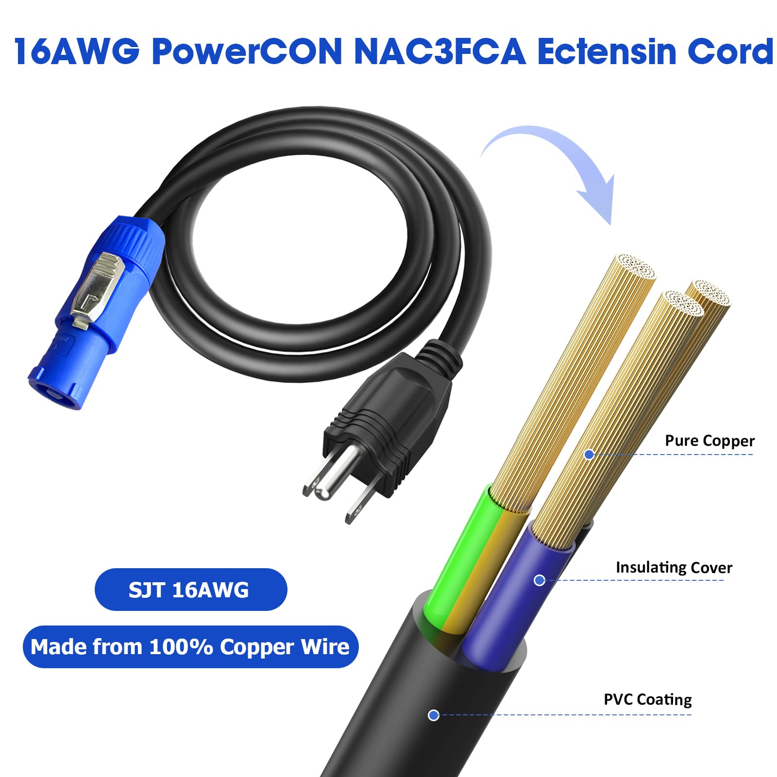 3-bolcowy kabel zasilający NEMA 5-15P do PowerCON AC 20 A 3-pinowe złącze męskie wejście PowerCon do NEMA 5-15P męski przedłużacz przewód zasilający 16AWG do zewnętrznego oświetlenia scenicznego